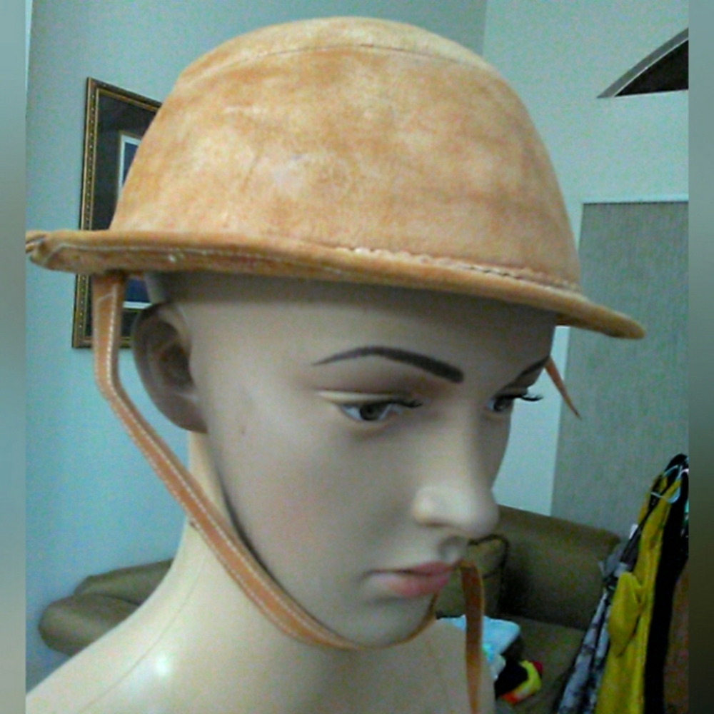 ANTIQUE/ VINTAGE LEATHER BOWLER HAT HANDMADE W/ STRAP ADJ. DECORATIVE BRIM - Picture 14 of 15